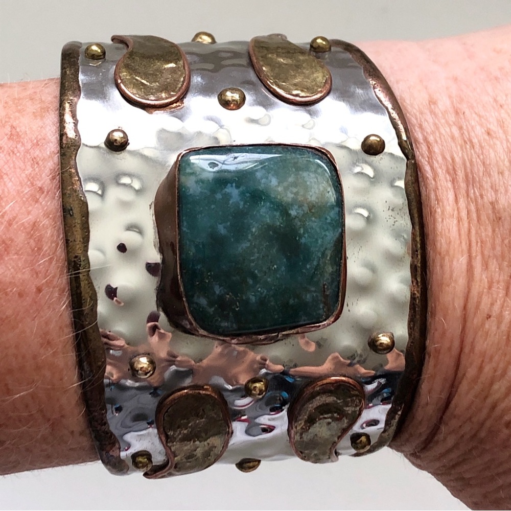 Artisan Boho Statement Green Moss Agate Mixed Metal Cuff Bracelet